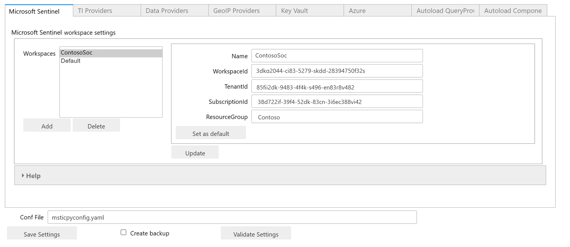 Screenshot of the MSTICPy settings editor.