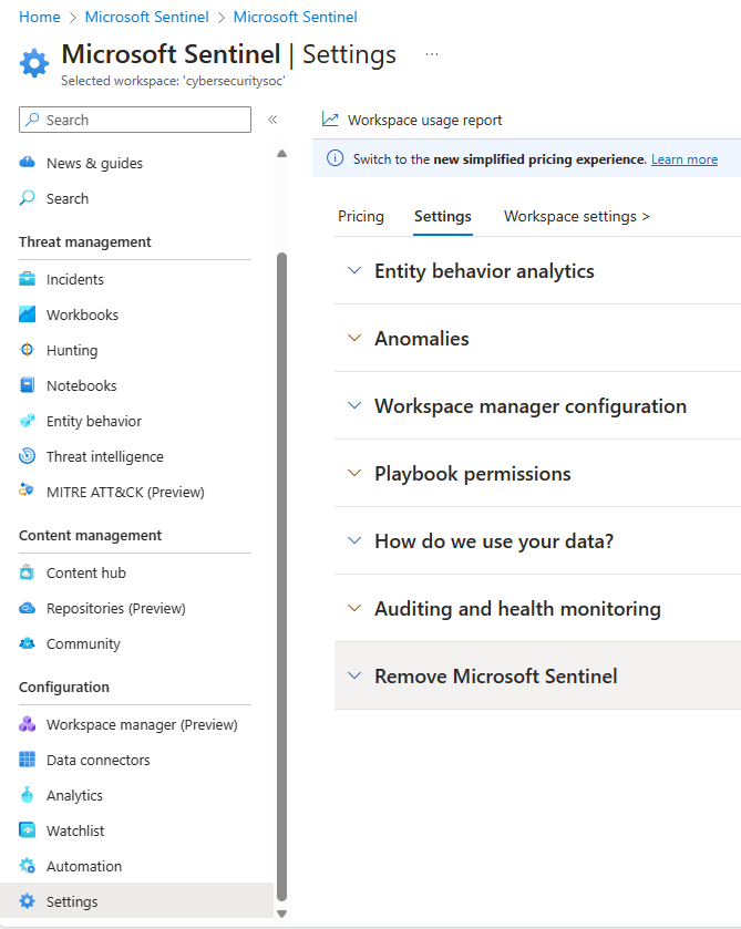 Screenshot to find the setting to remove Microsoft Sentinel from your workspace.