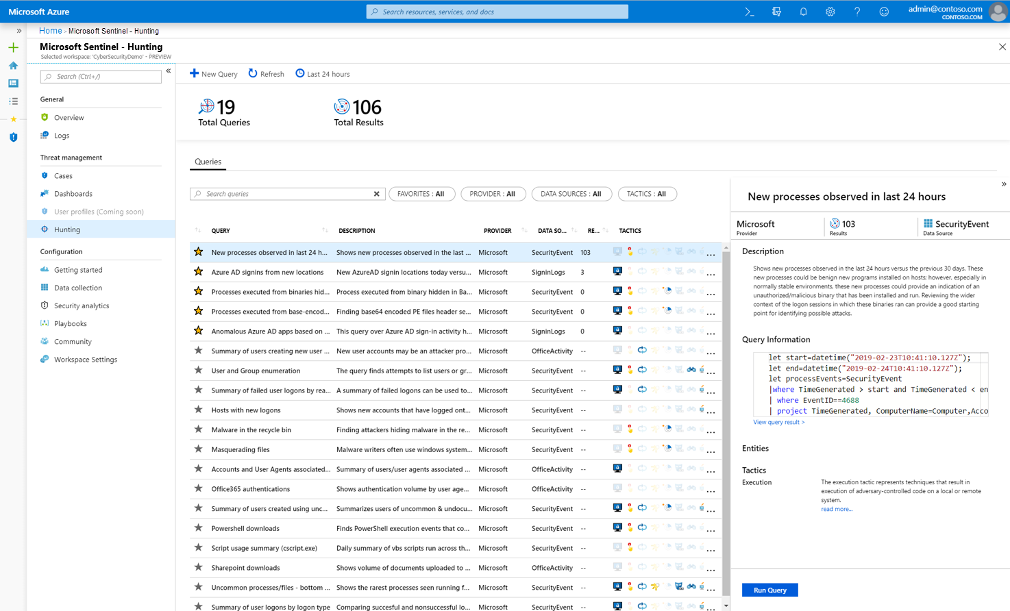 Screenshot of the hunting page in Microsoft Sentinel that shows a list of available queries.