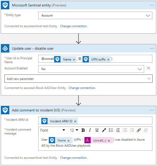 Screenshot showing actions to take in an entity-trigger playbook to disable a user.