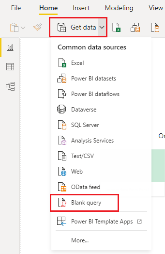 Screenshot showing Blank query selected under Get data in Power BI Desktop.