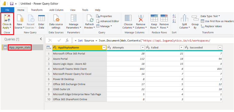 Screenshot showing the renamed query and Close & Apply command in the Power Query Editor.