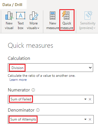 Screenshot showing the settings in the Quick measures window.