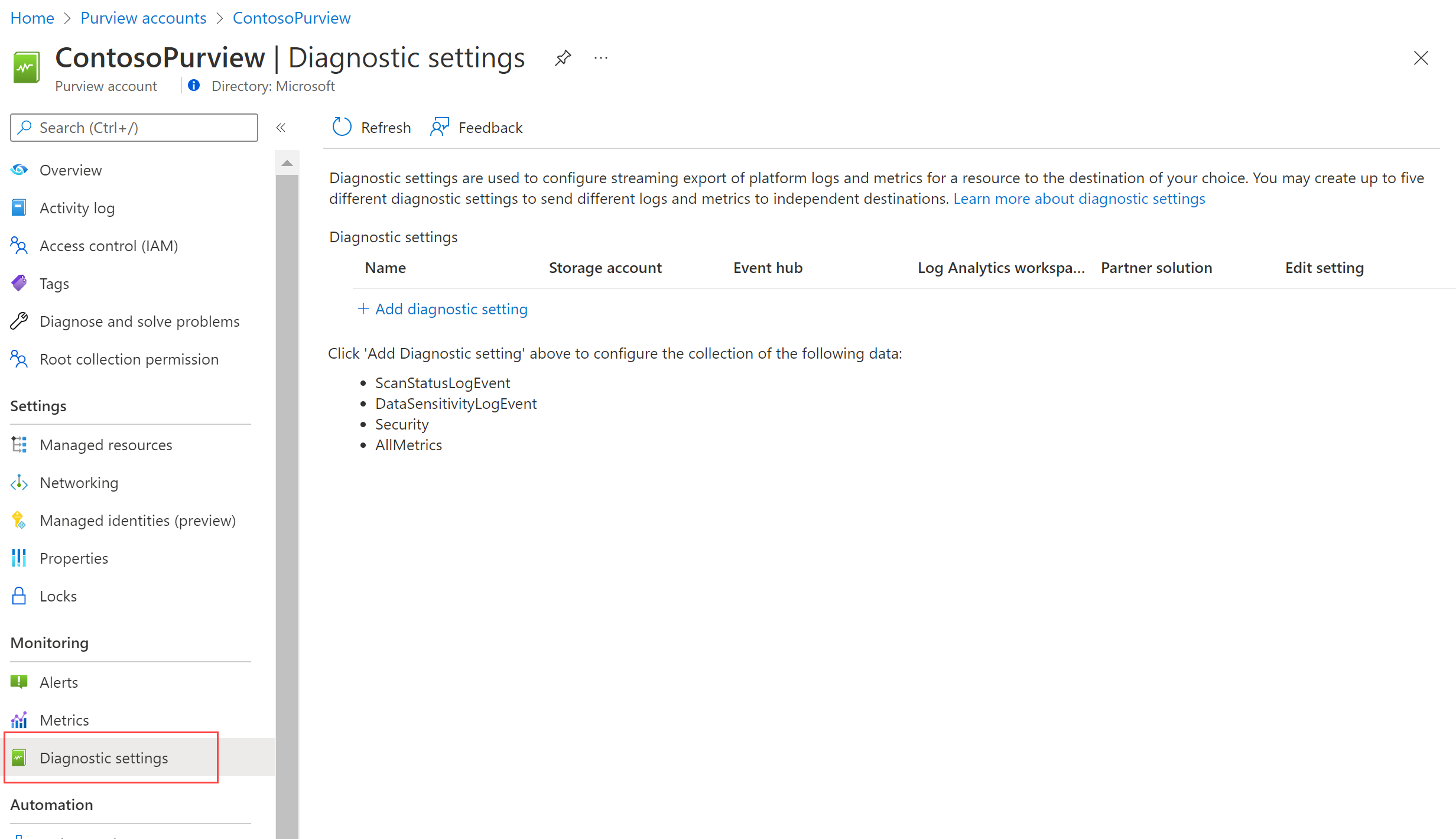 Screenshot of a Microsoft Purview account Diagnostics settings page.