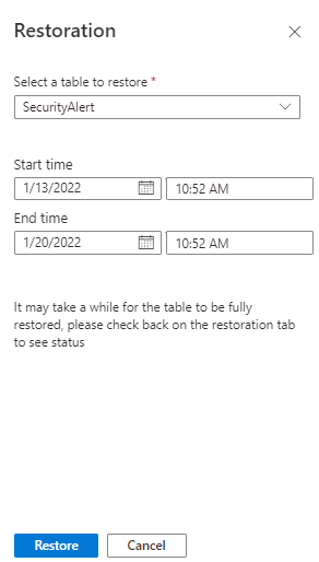 Screenshot of the restoration page with table and time range selected.