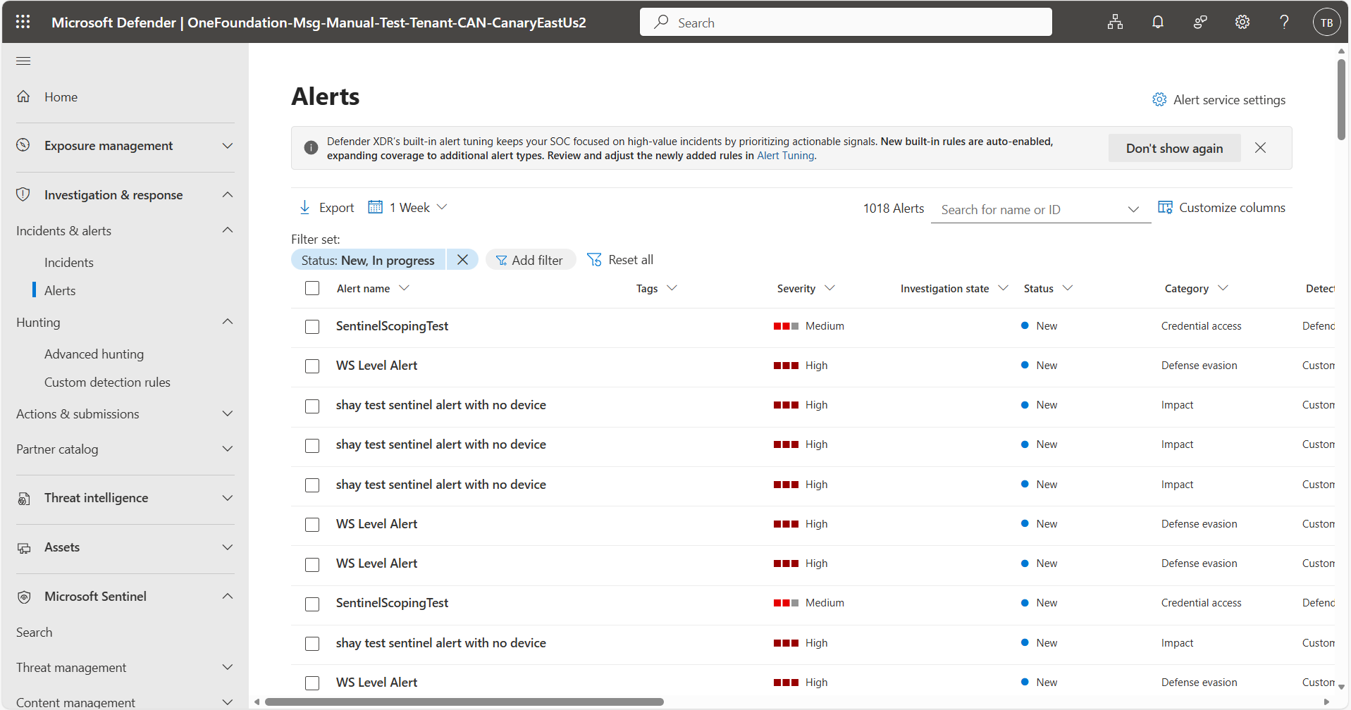 Screenshot of alerts filtered by Sentinel scope.