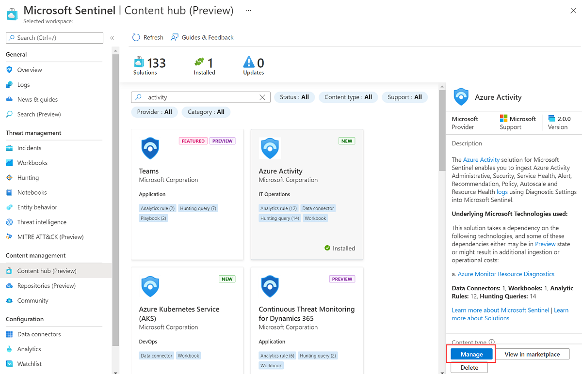 Screenshot of manage button on details page of the Azure Activity content hub solution.