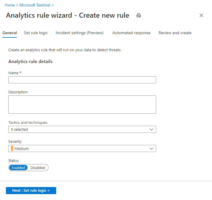 Screenshot showing the Analytic rule wizard for creating a new rule in Microsoft Sentinel.
