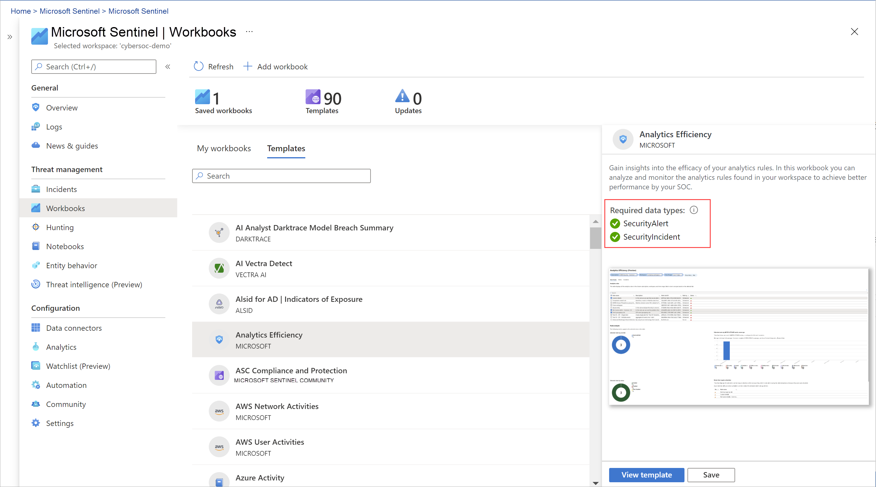 Screenshot of workbooks page in Microsoft Sentinel with a list of available workbooks.