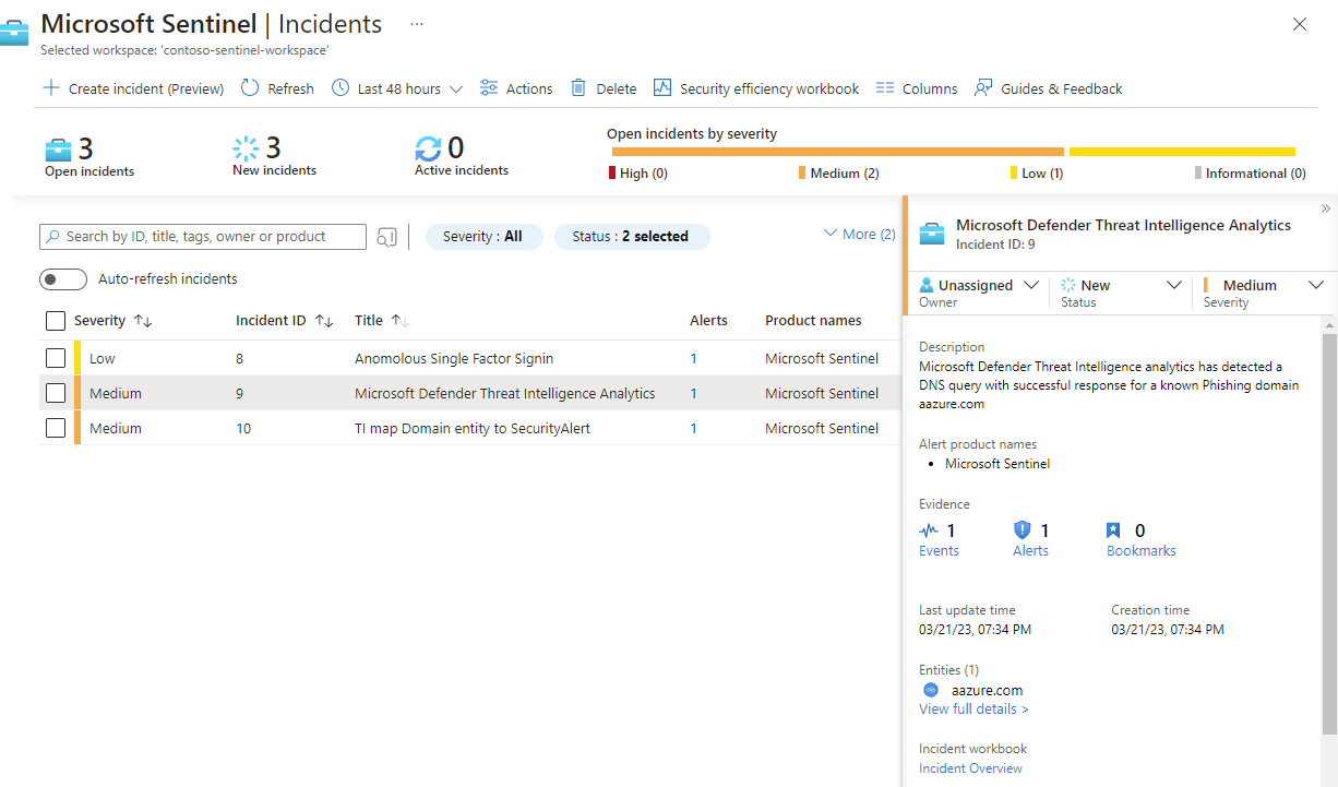 Screenshot of incident generated by matching analytics with details pane.