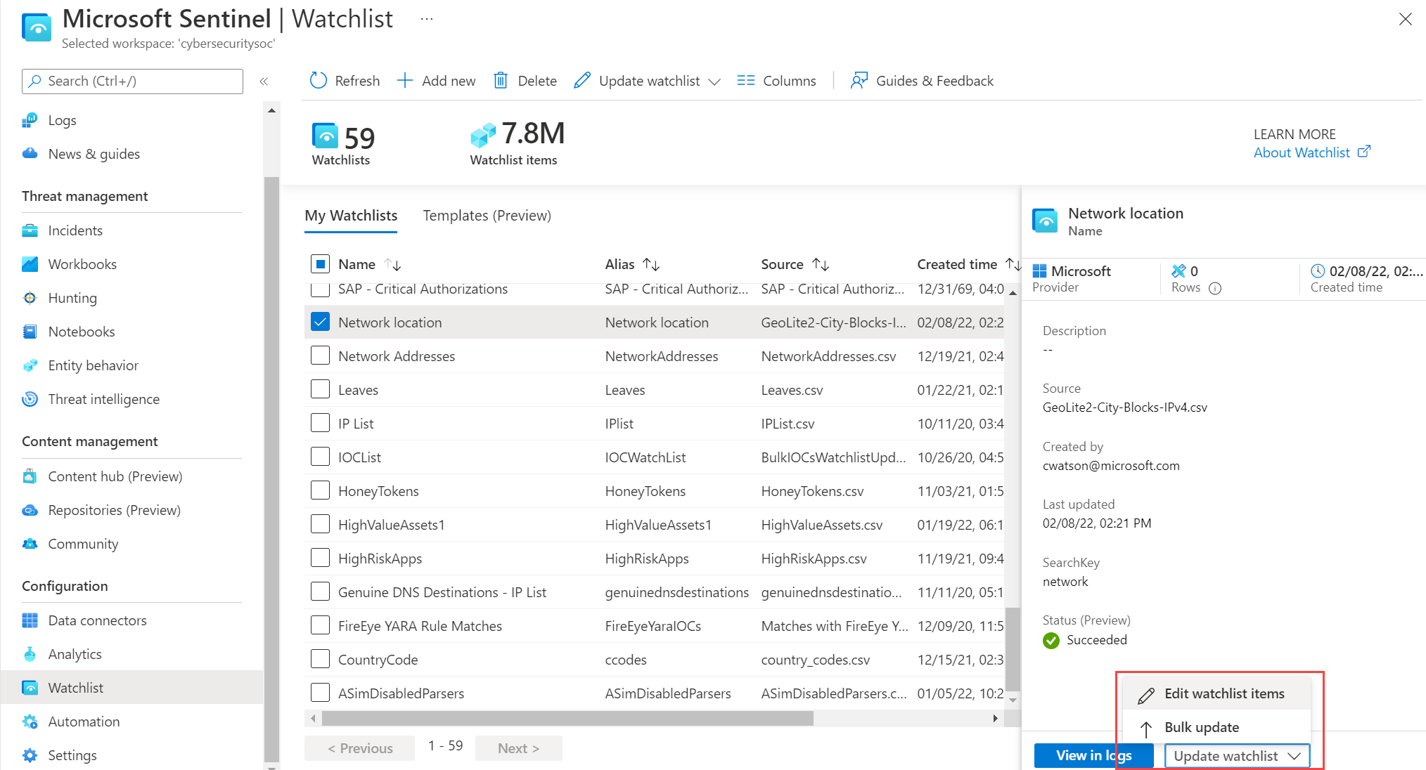 Edit watchlists - Microsoft Sentinel | Microsoft Learn