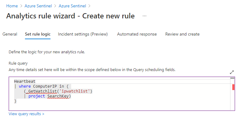 Screenshot that shows how to use watchlists in analytics rules.