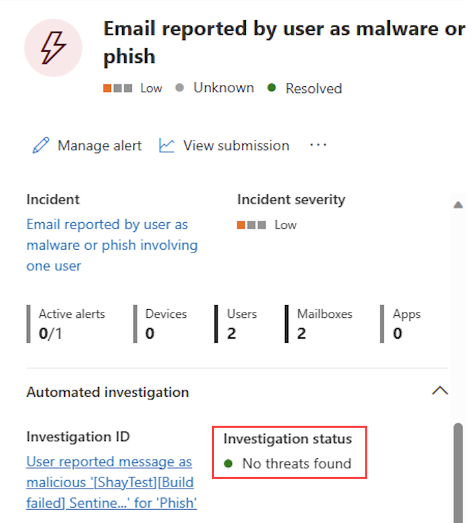 Screenshot showing the Microsoft Defender for Office 365 alerts Investigation status field in the Microsoft 365 Defender portal.