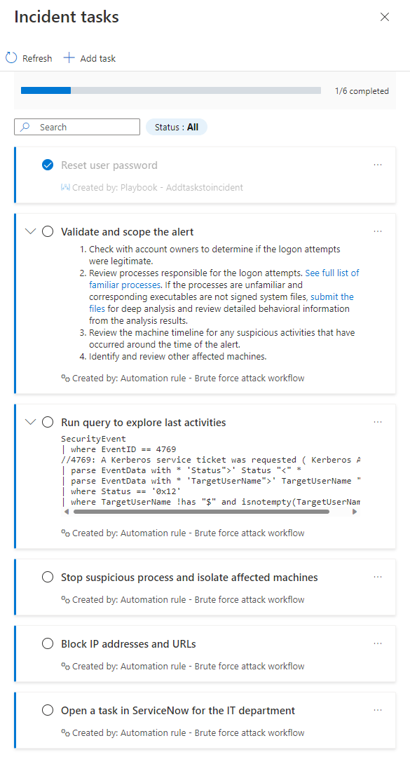 Screenshot shows incident tasks panel with expanded task descriptions.