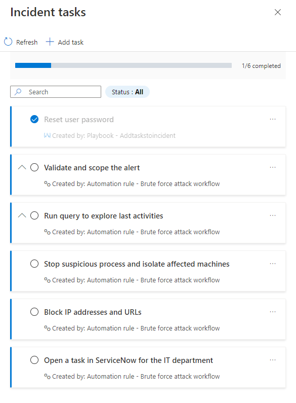 Screenshot shows incident tasks panel as seen from incident details page.