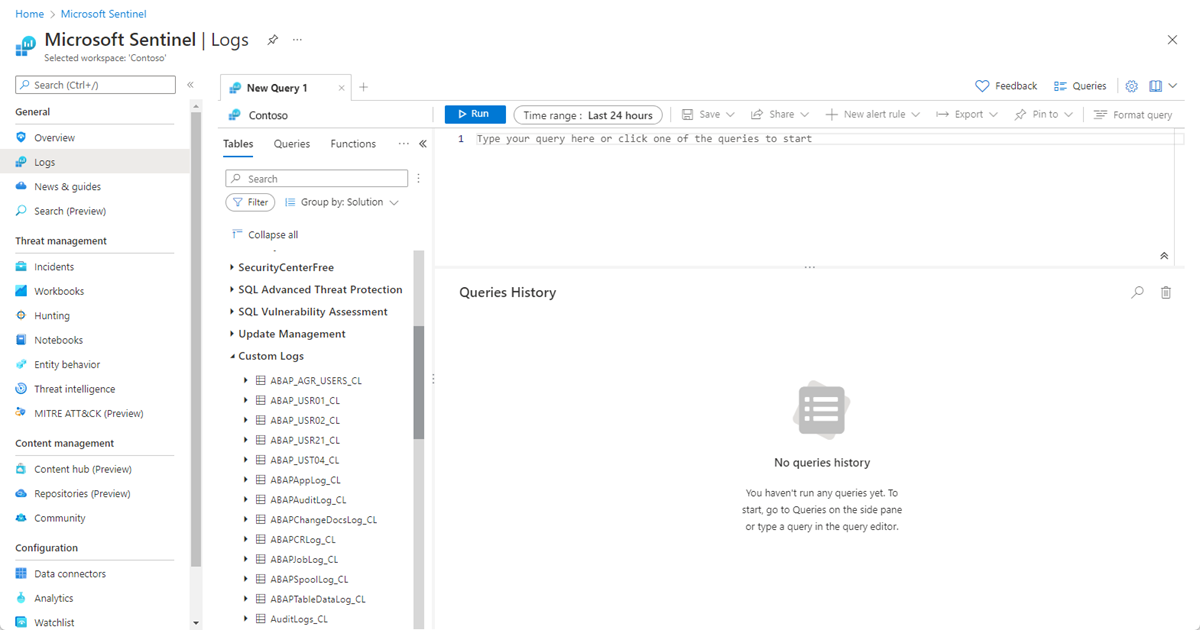Screenshot of the SAP ABAP logs in the 'Custom Logs' area in Microsoft Sentinel.