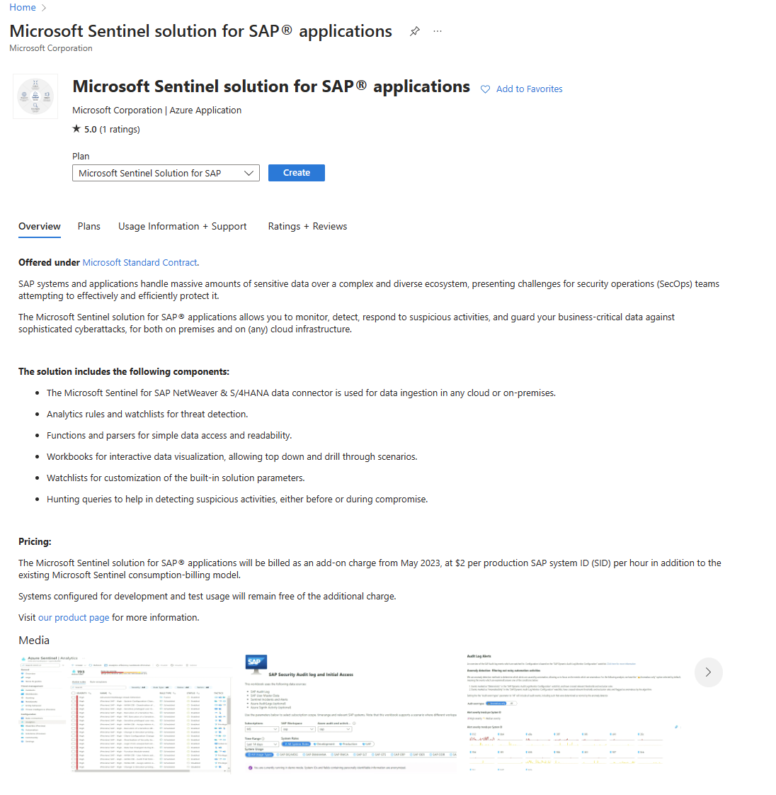 Screenshot of the 'Microsoft Sentinel Solution for SAP' solution pane.