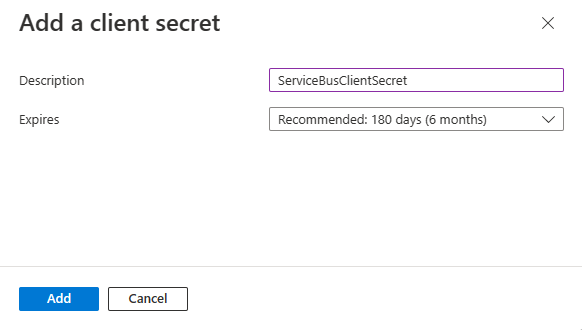 Screenshot showing the Add a client secret page.