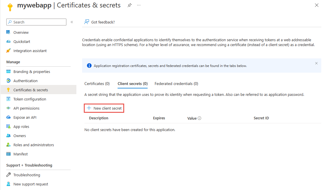 Screenshot showing the Certificates and secrets page with New client secret button selected.