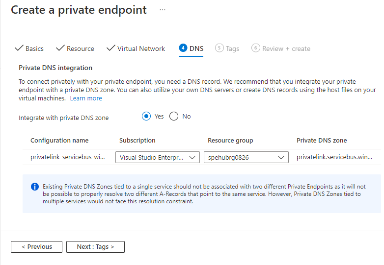 Screenshot showing the DNS page of the Create private endpoint wizard.