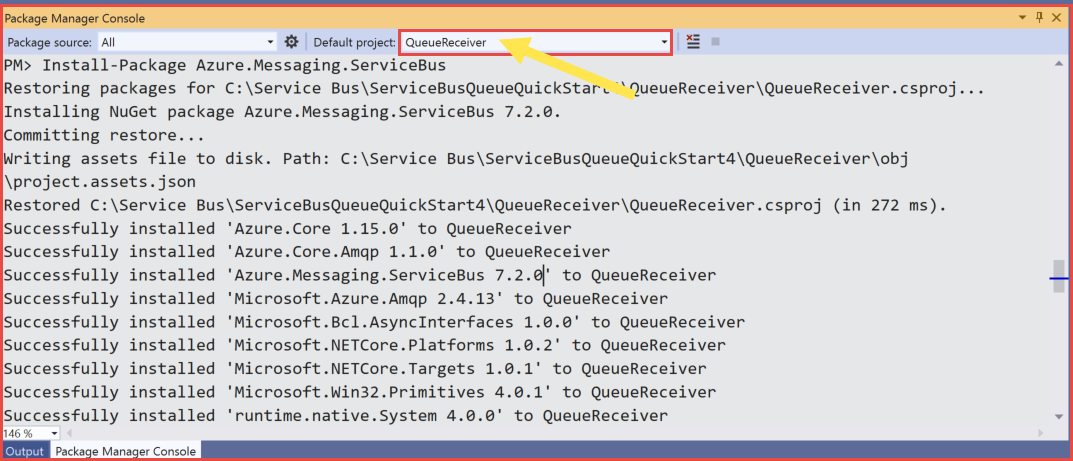 Screenshot showing QueueReceiver project selected in the Package Manager Console.