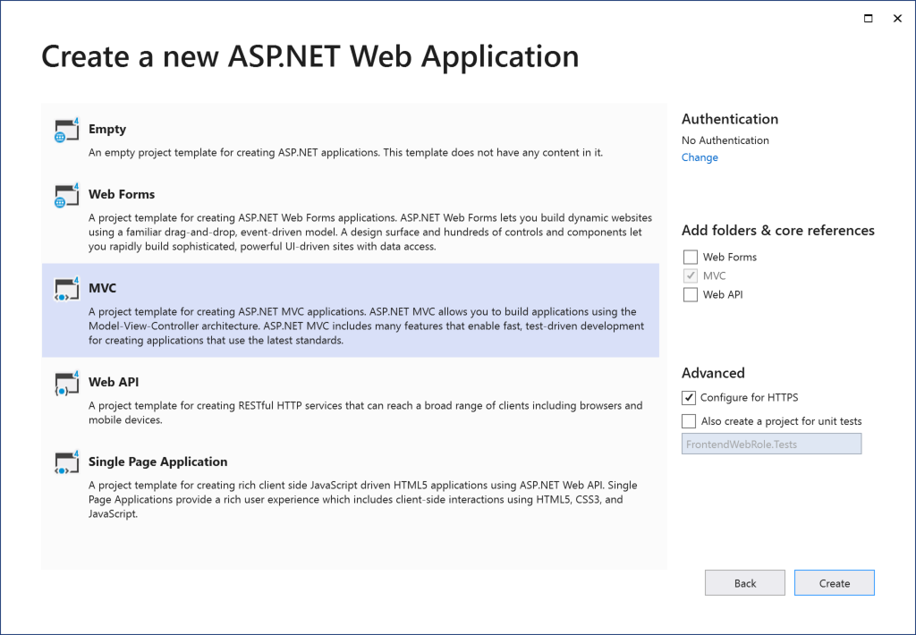 Screenshot of the New ASP.NET Project dialog box with MVC highlighted and outlined in red and the Change Authentication option outlined in red.
