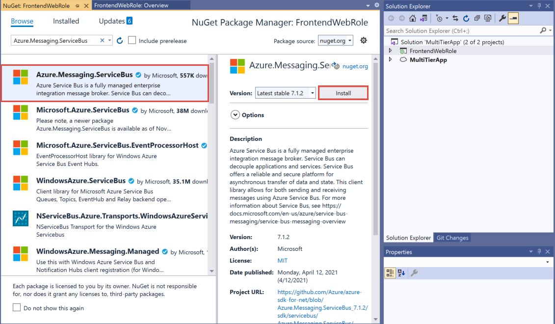 Screenshot of the Manage NuGet Packages dialog box with the Azure.Messaging.ServiceBus highlighted and the Install option outlined in red.