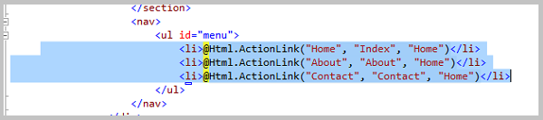 Screenshot of the code with three lines of  H T M L Action Link code highlighted.