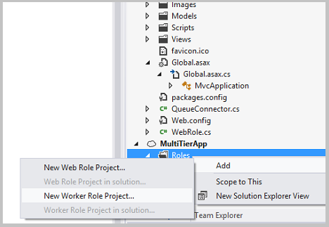 Screenshot of the Solution Explorer pane with the New Worker Role Project option and Add option highlighted.