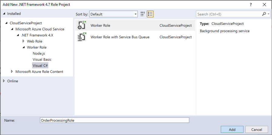 Screenshot of the Ad New Role Project dialog box with the Worker Role with Service Bus Queue option highlighted and outlined in red.