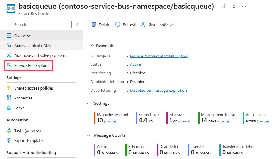 Screenshot of queue page where Service Bus Explorer can be selected.
