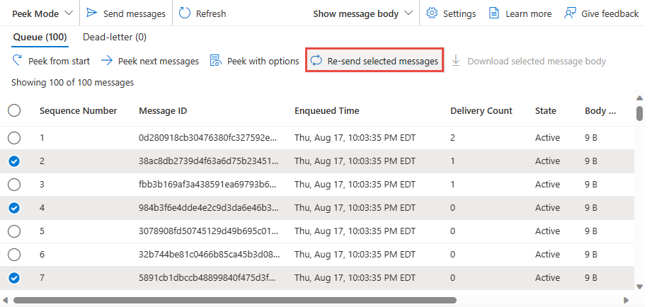 Screenshot indicating the Re-send selected messages button.