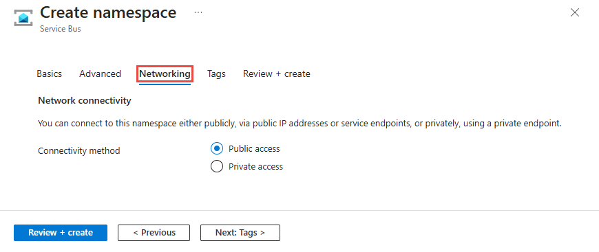 Screenshot showing the Networking page of the Create namespace wizard with Public access option selected.
