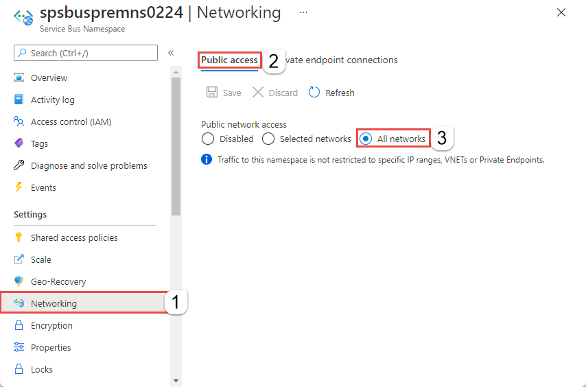 Screenshot of the Azure portal Networking page. The option to allow access from All networks is selected on the Firewalls and virtual networks tab.