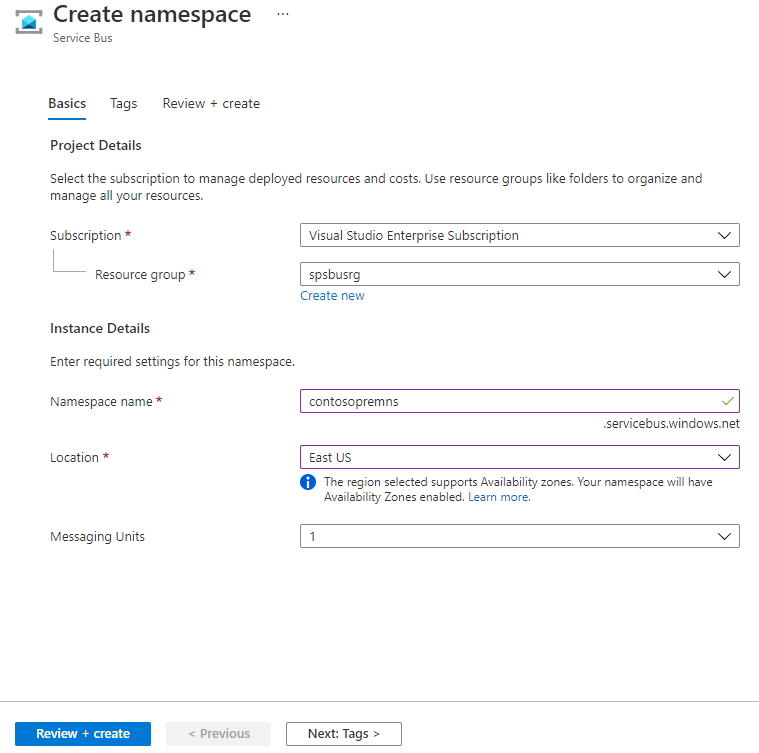 Image showing the Create Namespace page.