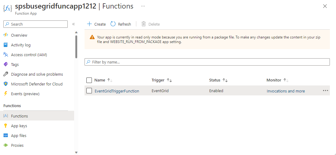 Screenshot showing the Functions page with the Event Grid Trigger function.