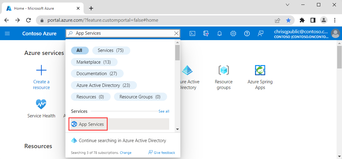 Screenshot of the Azure portal, selecting App Services.