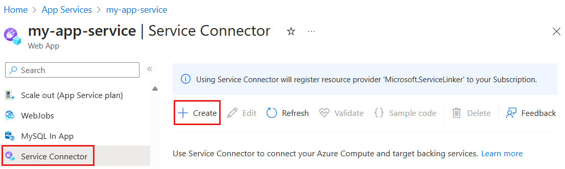 Screenshot of the Azure portal, selecting Service Connector and creating new connection.