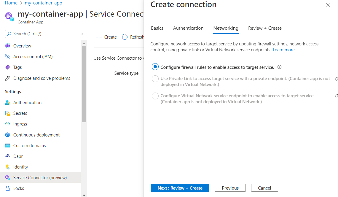Screenshot of the Azure portal, connection networking set-up.