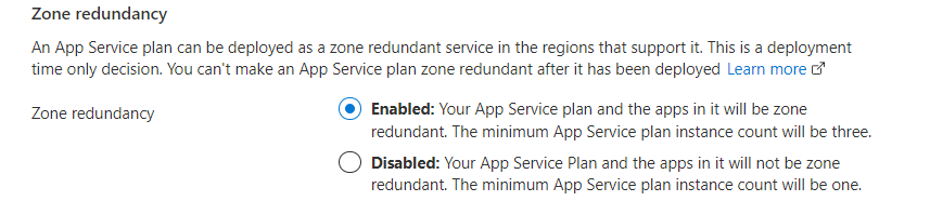 Screenshot of the Azure portal, enabling zone redundancy in App Services.