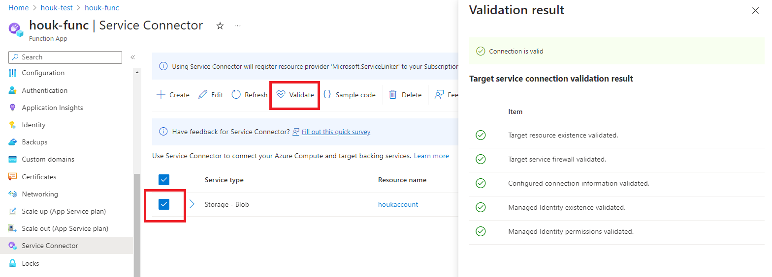 Screenshot of the Azure portal, listing and validating the connection.