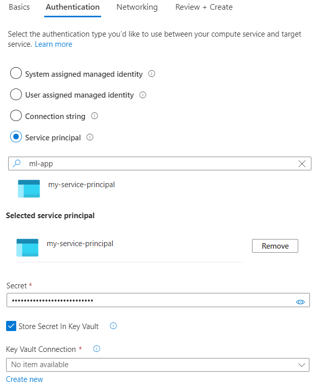 Screenshot of the Azure portal, showing basic authentication configuration to authenticate with a service principal.