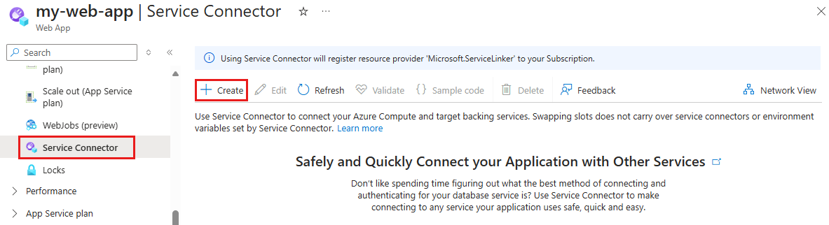 Screenshot from the Azure portal showing the Create option.