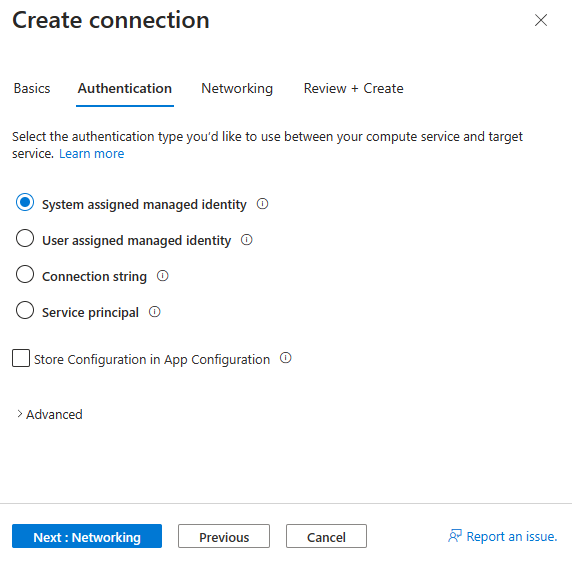 Screenshot of the Azure portal, selecting App Configuration connection auth.