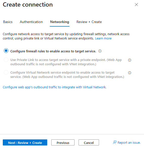 Screenshot of the Azure portal, selecting App Configuration connection network.
