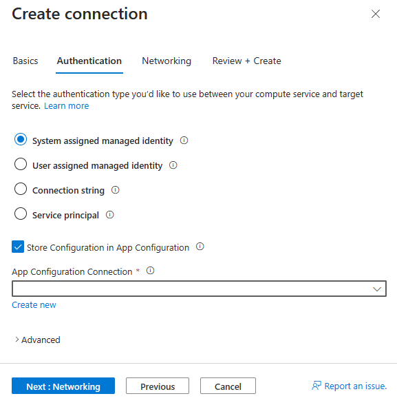 Screenshot of the Azure portal, selecting Blob Storage connection auth.