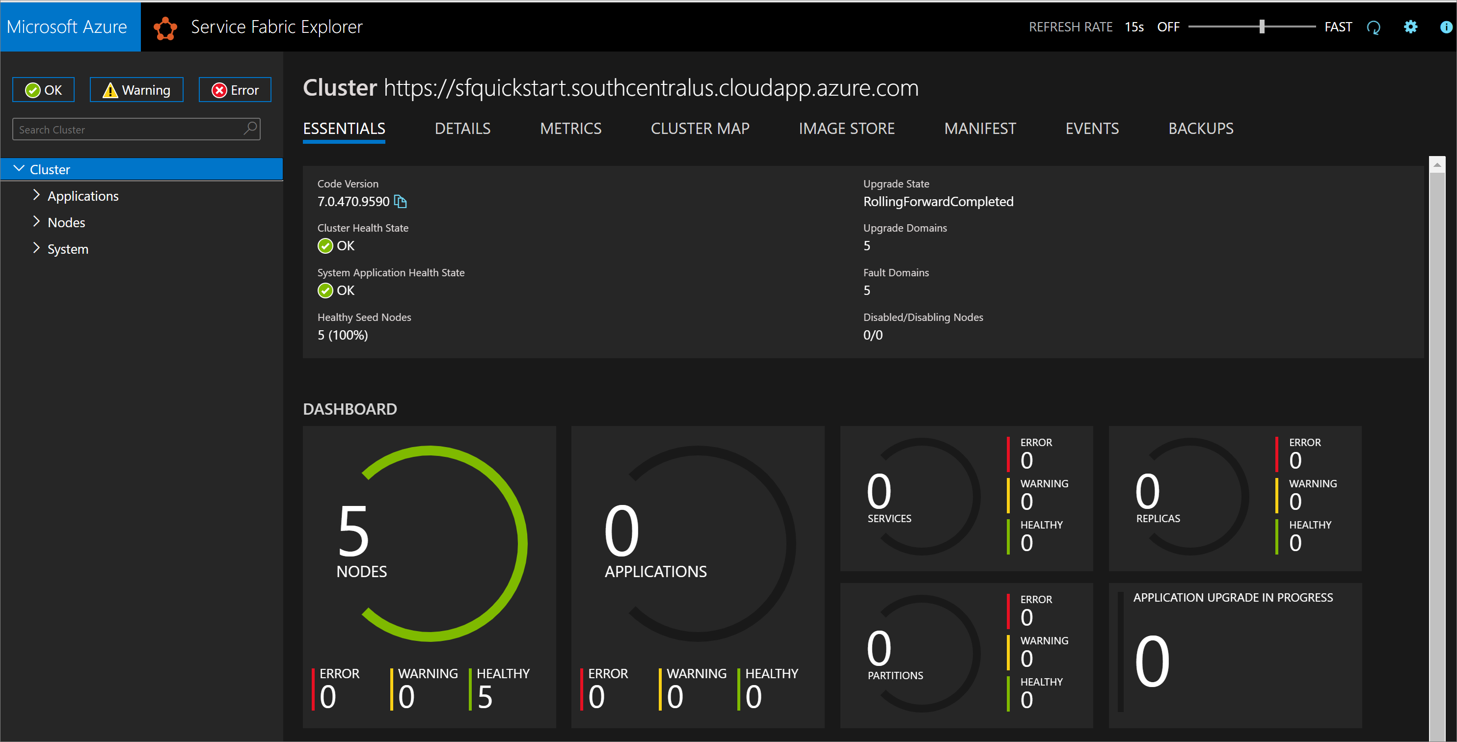 Screenshot of the Service Fabric Explorer showing new cluster.