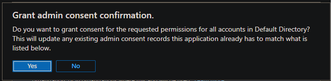 Screenshot that shows the Grant admin consent confirmation with Yes highlighted.