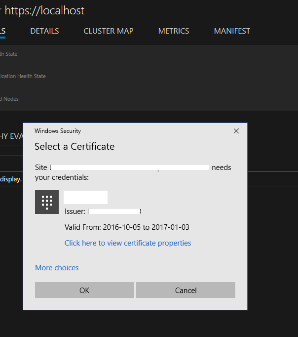 Screenshot of a Service Fabric Explorer dialog for selecting a certificate.
