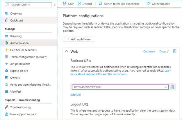 Screenshot of setting up reply URL for a web application.